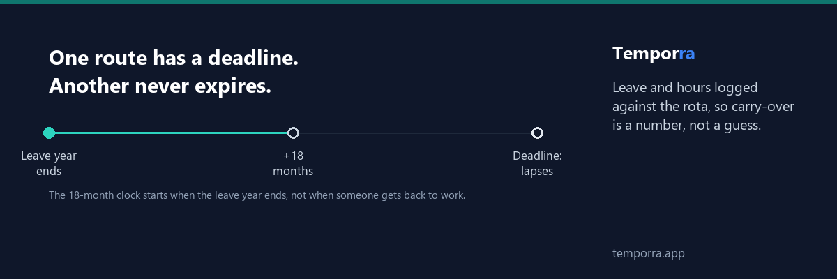 Timeline showing the 18-month sickness carry-over deadline running from the end of the leave year, next to a note that leave carried over for other reasons has no such deadline.